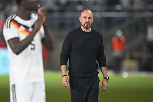 Victory celebrations, cheers, celebrating, joy, cheers, National Team Coach Antonio DI SALVO GER soccer international match, U21, European Championship Qualifiers, Germany vs. Georgia 2–0 on October 6, 2026, Schüco Arena, Bielefeld, Â