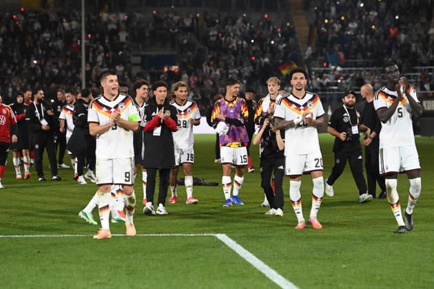 Victory celebration, cheering, joy, cheers, Germany, left: Nicolo TRESOLDI GER soccer international match, U21, European Championship Qualifiers, Germany vs. Georgia 2–0 on October 6, 2026, Schüco Arena, Bielefeld, Â
