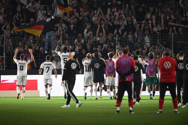 Victory celebrations, cheers, celebrating, joy, cheers, Germany, international soccer match, U21, European Championship qualifiers, Germany vs. Georgia 2–0 on October 6, 2026, Schüco Arena, Bielefeld, Â