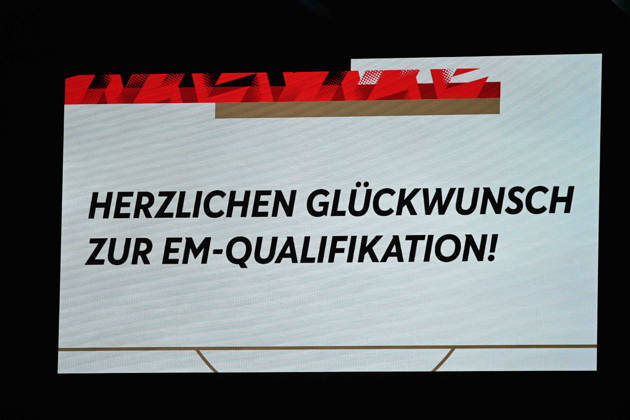 Congratulations on qualifying for the European Championship; on the scoreboard; feature; background image; stock photo; international soccer match; U21; European Championship qualifiers; Germany vs. Georgia 2–0 on October 6, 2026; Schüco Arena, Bielefeld; Â