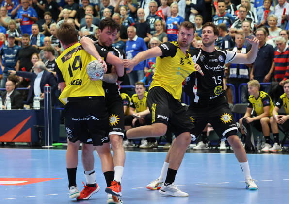 From left: Tobias Trommler, IK Saevehof 14; Tim Hilding, Bergischer HC 17; Birgir Steinn Jonsson, IK Saevehof 08; Lars Kooij, Bergischer HC 15 GER, Bergischer HC06 vs. IK Saevehof, Handball, EHF Europa League 2026–27, Matchday 2, 2026–2027 season, October 6, 2026 GER, Bergischer HC06 vs. IK Saevehof, Handball, EHF Europa League 2026–27, Matchday 2, 2026–2027 season, October 6, 2026 Solingen Mitte Copyright: xEibner-Pressefoto ThomasxStoeckerx EP_TSR