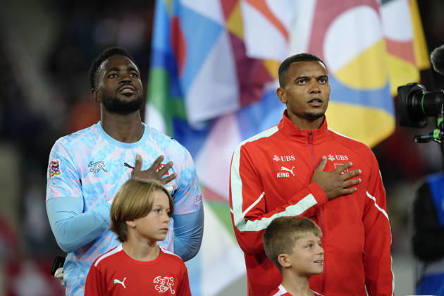 Luzern, Switzerland - October 06: Manuel Akanji (5 SUI) and Yvon Landry Mvogo Nganoma (Goalkeeper 12 SUI) during National anthem before the UEFA Nations League match between Switzerland and North Macedonia at thermoplan arena on October 06, 2026 in Luzern, Switzerland. Copyright: xKjetilxWaberx xSPPx Sportspressphoto_SPR247161