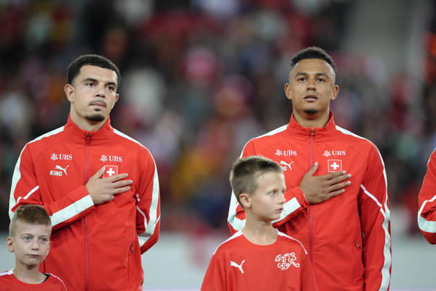 Luzern, Switzerland - October 06: Mohamed Zeki Amdouni (10 SUI) and Dan Ndoye (11 SUI) during National anthem before the UEFA Nations League match between Switzerland and North Macedonia at thermoplan arena on October 06, 2026 in Luzern, Switzerland. Copyright: xKjetilxWaberx xSPPx Sportspressphoto_SPR247166
