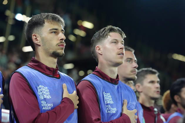 Luzern, Switzerland - October 06: Adrian Bajrami (3 SUI) and Anthony Racioppi (Goalkeeper 1 SUI) during National anthem before the UEFA Nations League match between Switzerland and North Macedonia at thermoplan arena on October 06, 2026 in Luzern, Switzerland. Copyright: xKjetilxWaberx xSPPx Sportspressphoto_SPR247169