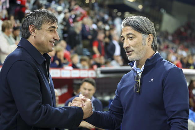 Goce Sedloski, North Macedonia (coach), and Murat Yakin, Switzerland (coach), before kickoff; Switzerland, UEFA, Nations League, Matchday 4, Switzerland vs. North Macedonia, October 6, 2026, Swissporarena, Lucerne, Switzerland Copyright: xGrantxHubbsx