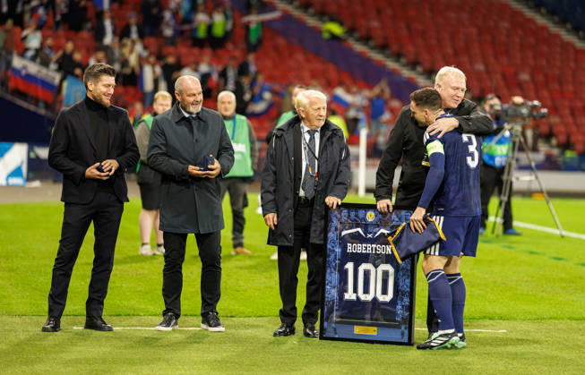 05.10.2026: Scotland v Slovenia: Andy Robertson gets presentation for 100 Scotland caps  Copyright: xWilliexVassx NINTCHDBPICT001113832726