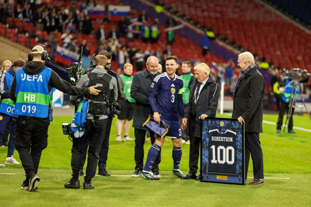 05.10.2026: Scotland v Slovenia: Andy Robertson gets presentation for 100 Scotland caps  Copyright: xWilliexVassx NINTCHDBPICT001113833016