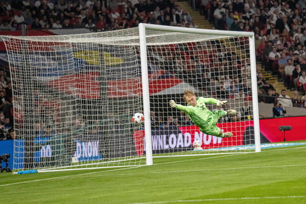 October 6, 2026, xdaymx, UEFA Nations League, England vs. Czech Republic; Lukas Hornicek of the Czech Republic makes a strong save following a free kick by Trent Alexander-Arnold of England; London
