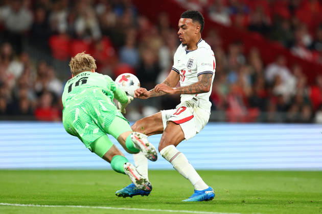 London, England, 6th October 2026. Lukas Hornicek of Czechia and Morgan Rogers of England challenge for the ball during the England vs Czech Republic UEFA Nations League match at Wembley Stadium, London. Picture credit should read: Paul Terry Sportimage EDITORIAL USE ONLY. No use with unauthorised audio, video, data, fixture lists, club league logos or live services. Online in-match use limited to 120 images, no video emulation. No use in betting, games or single club league player publications. SPI_014_PT_England__Czechia SPI-5055-0014