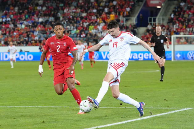 Luzern, Switzerland - October 06: Sascha Britschgi (2 SUI) against Ljupche Doriev (19 MKD) during the UEFA Nations League match between Switzerland and North Macedonia at thermoplan arena on October 06, 2026 in Luzern, Switzerland. Copyright: xKjetilxWaberx xSPPx Sportspressphoto_SPR247203
