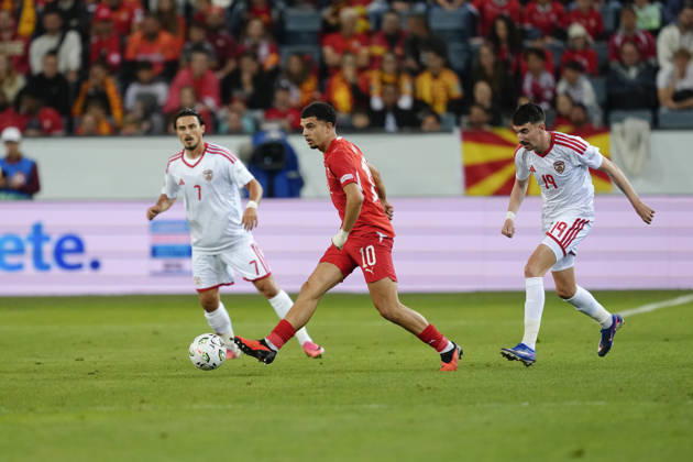 Luzern, Switzerland - October 06: Mohamed Zeki Amdouni (10 SUI) against Eljif Elmas (7 MKD) and Ljupche Doriev (19 MKD) during the UEFA Nations League match between Switzerland and North Macedonia at thermoplan arena on October 06, 2026 in Luzern, Switzerland. Copyright: xKjetilxWaberx xSPPx Sportspressphoto_SPR247218
