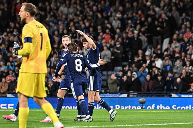 Scotland v Slovenia UEFA Nations League Ryan Christie of Scotland scores his sides first goal of the match and celebrates his goal with teammates during the UEFA Nations League match at Barclays Hampden, Glasgow 06 10 2026 UK Newspapers OUT Copyright: xJamiexJohnstonx FIL-24032-0053