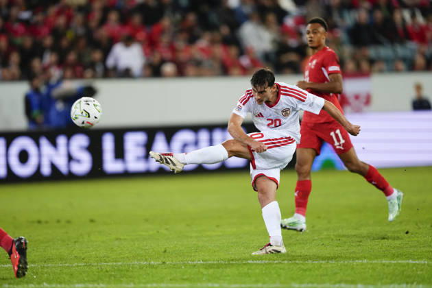 Luzern, Switzerland - October 06: Dimitar Mitrovski (20 MKD) shoots the ball during the UEFA Nations League match between Switzerland and North Macedonia at thermoplan arena on October 06, 2026 in Luzern, Switzerland. Copyright: xKjetilxWaberx xSPPx Sportspressphoto_SPR247252