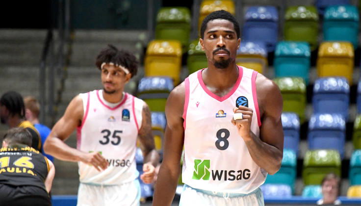 October 6, 2026, xokbx, Basketball BKT Europe Cup, Skyliners Frankfurt vs. Siauliai Basketball, Roman Bedime (Fraport Skyliners Frankfurt), William Christmas (Fraport Skyliners Frankfurt), facial expressions, gestures, emotion, celebrating Frankfurt s victory