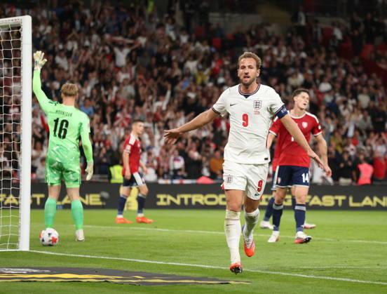 Harry Kane (E) celebrates scoring the second England goal (2-0) at the England v Czechia UEFA Nations League Group 3 match, at Wembley Stadium, London, UK, on 6th October, 2026.  .