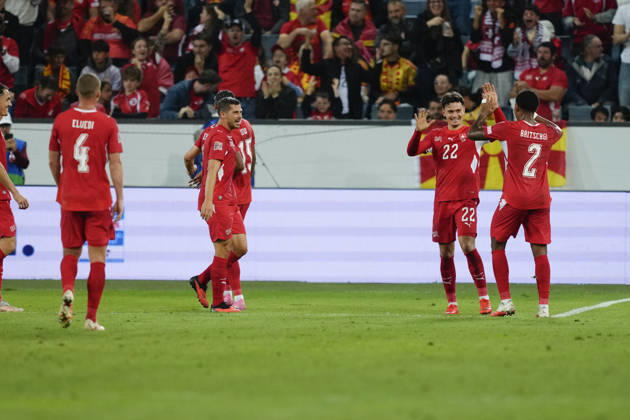 Luzern, Switzerland - October 06: Fabian Rieder (22 SUI) celebrates his goal with Sascha Britschgi (2 SUI) during the UEFA Nations League match between Switzerland and North Macedonia at thermoplan arena on October 06, 2026 in Luzern, Switzerland. Copyright: xKjetilxWaberx xSPPx Sportspressphoto_SPR247269