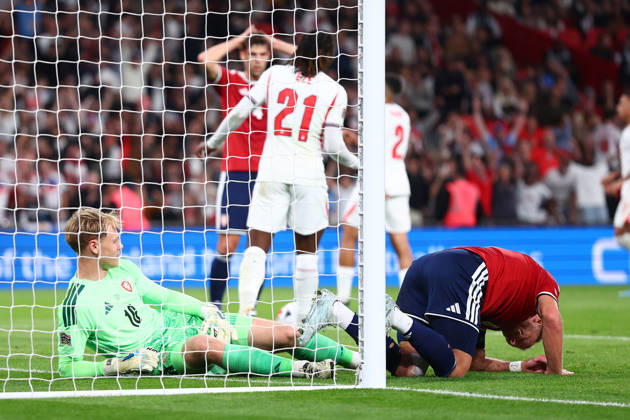 London, England, 6th October 2026. Vladimir Coufal of Czechia looks dejected after scoring an own goal to make it 1-0 during the England vs Czech Republic UEFA Nations League match at Wembley Stadium, London. Picture credit should read: Paul Terry Sportimage EDITORIAL USE ONLY. No use with unauthorised audio, video, data, fixture lists, club league logos or live services. Online in-match use limited to 120 images, no video emulation. No use in betting, games or single club league player publications. SPI_021_PT_England__Czechia SPI-5055-0021