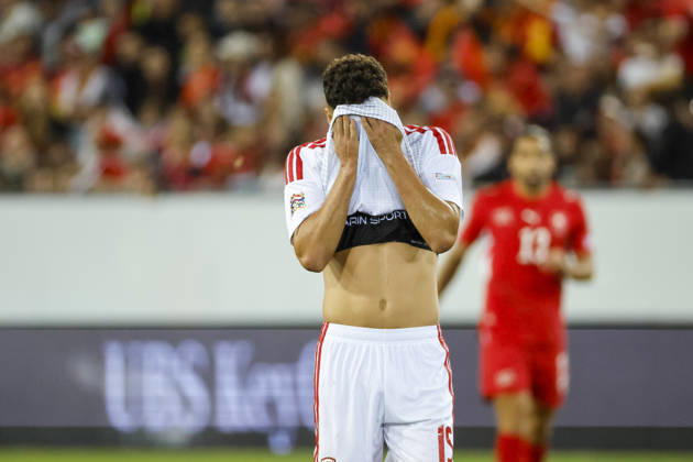 Agon Elezi, North Macedonia, 15, facial expressions, emotion, Switzerland, UEFA, Nations League, Matchday 4, Switzerland vs. North Macedonia, October 6, 2026, Lucerne Swissporarena, Switzerland Copyright: xGrantxHubbsx