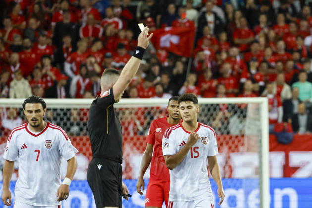 Agon Elezi of North Macedonia, 15, receives a yellow card from referee Edgars Malcevs (LVA), Switzerland, UEFA, Nations League, Matchday 4, Switzerland vs. North Macedonia, October 6, 2026, Swissporarena, Lucerne, Switzerland Copyright: xGrantxHubbsx