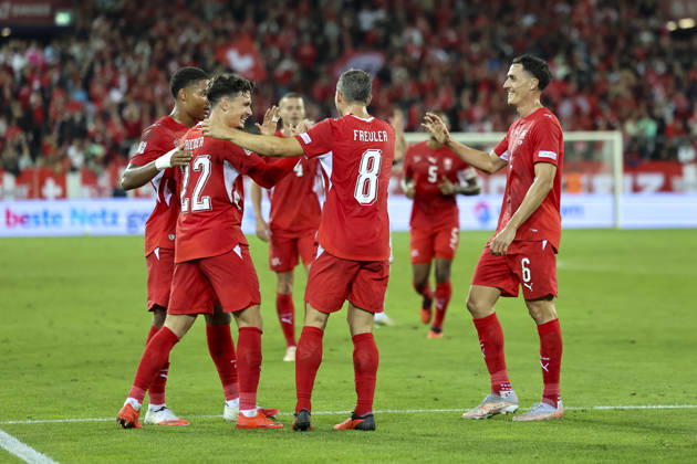 Goal celebration in Switzerland after Fabian Rieder s 1-0 goal, Switzerland, 22, joy, excitement, positive emotions, goal, Switzerland, UEFA, Nations League, Matchday 4, Switzerland vs. North Macedonia, October 6, 2026, Lucerne Swissporarena, Switzerland Copyright: xGrantxHubbsx
