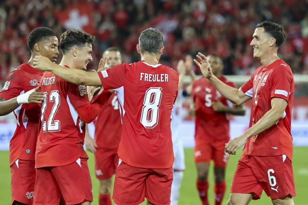 Goal celebration in Switzerland after Fabian Rieder s 1-0 goal, Switzerland, 22, joy, excitement, positive emotions, goal, Switzerland, UEFA, Nations League, Matchday 4, Switzerland vs. North Macedonia, October 6, 2026, Lucerne Swissporarena, Switzerland Copyright: xGrantxHubbsx