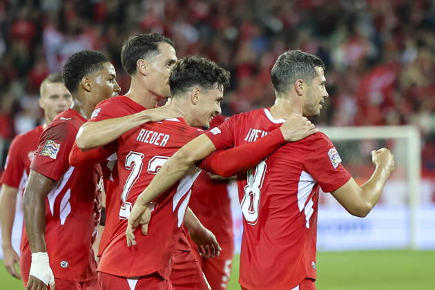 Goal celebration in Switzerland after Fabian Rieder s 1-0 goal, Switzerland, 22, joy, excitement, positive emotions, goal, Switzerland, UEFA, Nations League, Matchday 4, Switzerland vs. North Macedonia, October 6, 2026, Lucerne Swissporarena, Switzerland Copyright: xGrantxHubbsx