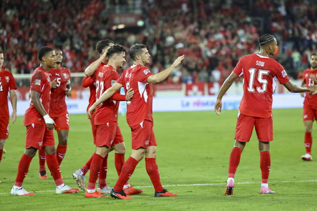 Goal celebration in Switzerland after Fabian Rieder s 1-0 goal, Switzerland, 22, joy, excitement, positive emotions, goal, Switzerland, UEFA, Nations League, Matchday 4, Switzerland vs. North Macedonia, October 6, 2026, Lucerne Swissporarena, Switzerland Copyright: xGrantxHubbsx
