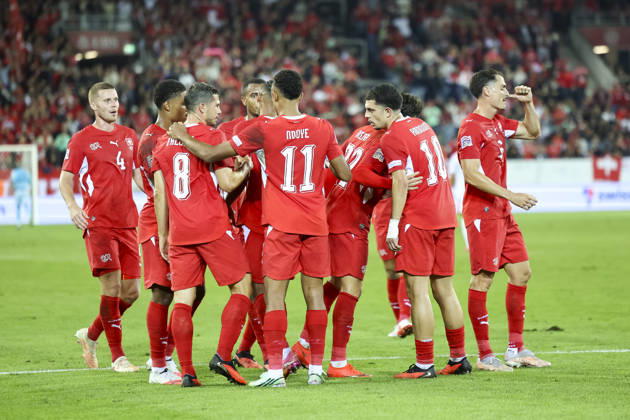 Goal celebration in Switzerland after Fabian Rieder s 1-0 goal, Switzerland, 22, joy, excitement, positive emotions, goal, Switzerland, UEFA, Nations League, Matchday 4, Switzerland vs. North Macedonia, October 6, 2026, Lucerne Swissporarena, Switzerland Copyright: xGrantxHubbsx