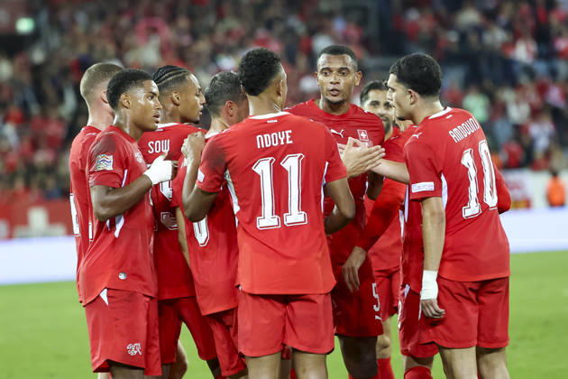Goal celebration in Switzerland after Fabian Rieder s 1-0 goal, Switzerland, 22, joy, excitement, positive emotions, goal, Switzerland, UEFA, Nations League, Matchday 4, Switzerland vs. North Macedonia, October 6, 2026, Lucerne Swissporarena, Switzerland Copyright: xGrantxHubbsx