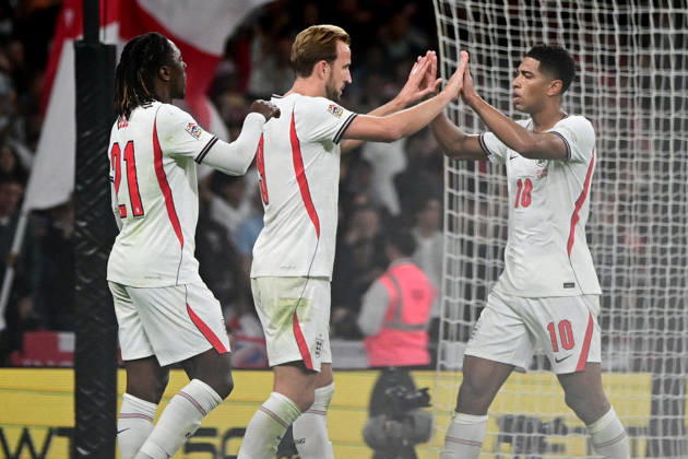 England v Czechia, UEFA Nations League GOAL England forward Harry Kane (9) scores a goal and celebrates with England midfielder Jude Bellingham (10) and England midfielder Ebereche Eze (21) 2-0 during the UEFA Nations League match between England and Czechia at Wembley Stadium, London, UK on 6 October 2026. London Wembley Stadium Greater London UK Editorial use only , Copyright: xDennisxGoodwinx PSI-24957-0039