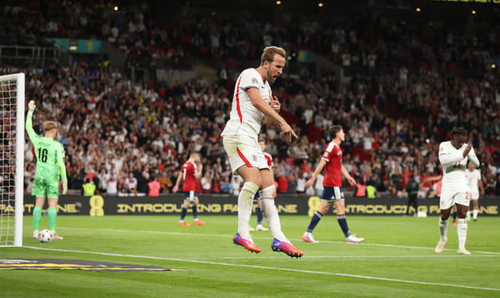 Harry Kane (E) celebrates scoring the second England goal (2-0) at the England v Czechia UEFA Nations League Group 3 match, at Wembley Stadium, London, UK, on 6th October, 2026.  .