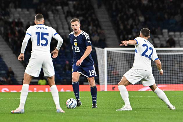 Scotland v Slovenia UEFA Nations League Lewis Ferguson of Scotland and Danijel Sturm and Adam Gnezda Cerin of Slovenia during the UEFA Nations League match at Barclays Hampden, Glasgow 06 10 2026 UK Newspapers OUT Copyright: xJamiexJohnstonx FIL-24032-0077