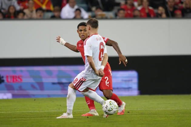 Luzern, Switzerland - October 06: Sascha Britschgi (2 SUI) against Ezgjan Alioski (8 MKD) during the UEFA Nations League match between Switzerland and North Macedonia at thermoplan arena on October 06, 2026 in Luzern, Switzerland. Copyright: xKjetilxWaberx xSPPx Sportspressphoto_SPR247318
