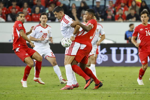 Elmin Rastoder of North Macedonia, 11, and Manuel Akanji of Switzerland, 05, in a tackle; Switzerland, UEFA, Nations League, Matchday 4, Switzerland vs. North Macedonia, October 6, 2026, Swissporarena, Lucerne, Switzerland Copyright: xGrantxHubbsx