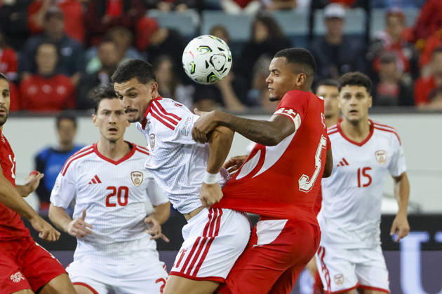 Elmin Rastoder of North Macedonia, 11, and Manuel Akanji of Switzerland, 05, in a tackle; Switzerland, UEFA, Nations League, Matchday 4, Switzerland vs. North Macedonia, October 6, 2026, Swissporarena, Lucerne, Switzerland Copyright: xGrantxHubbsx