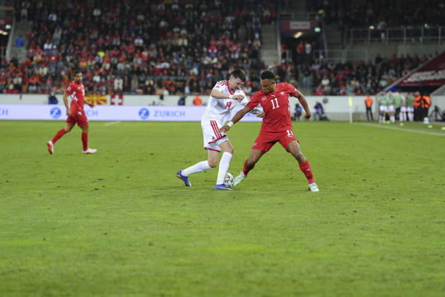Luzern, Switzerland - October 06: Dan Ndoye (11 SUI) against Ljupche Doriev (19 MKD) during the UEFA Nations League match between Switzerland and North Macedonia at thermoplan arena on October 06, 2026 in Luzern, Switzerland. Copyright: xKjetilxWaberx xSPPx Sportspressphoto_SPR247325