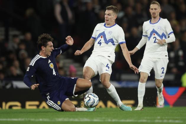 RECORD DATE NOT STATED 6th October 2026; Hampden Park, Glasgow, Scotland; UEFA Nations League Football, Scotland versus Slovenia; Mark Zabukovnik of Slovenia is tackled by Luis Binks of Scotland DavidxYoung
