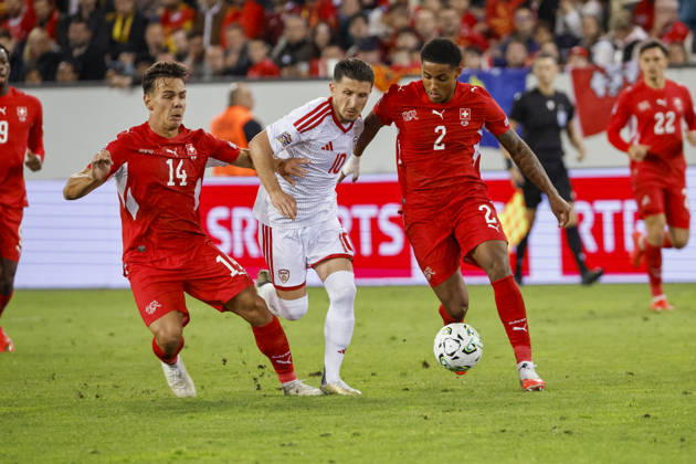 Ardon Jashari (Switzerland), 14, Enis Bardhi (North Macedonia), 10, and Sascha Britschgi (Switzerland), 2, battling for the ball; Switzerland, UEFA, Nations League, Matchday 4, Switzerland vs. North Macedonia, October 6, 2026, Lucerne, Swissporarena, Switzerland Copyright: xGrantxHubbsx