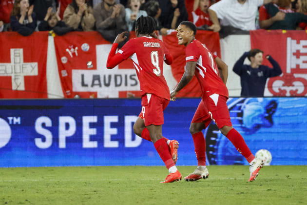 Switzerland celebrates Johan Manzambi s 2-0 goal, Switzerland, 09, joy, excitement, positive emotions, goal, with Sascha Britschgi, Switzerland, 2, Switzerland, UEFA, Nations League, Matchday 4, Switzerland vs. North Macedonia, October 6, 2026, Lucerne Swissporarena, Switzerland Copyright: xGrantxHubbsx
