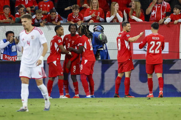 Goal celebration in Switzerland after Johan Manzambi s 2-0 goal, Switzerland, 09, joy, excitement, positive emotions, goal, Switzerland, UEFA, Nations League, Matchday 4, Switzerland vs. North Macedonia, October 6, 2026, Lucerne Swissporarena, Switzerland Copyright: xGrantxHubbsx