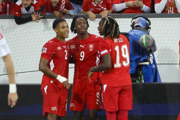 Goal celebration in Switzerland after Johan Manzambi s 2-0 goal, Switzerland, 09, joy, excitement, positive emotions, goal, Switzerland, UEFA, Nations League, Matchday 4, Switzerland vs. North Macedonia, October 6, 2026, Lucerne Swissporarena, Switzerland Copyright: xGrantxHubbsx