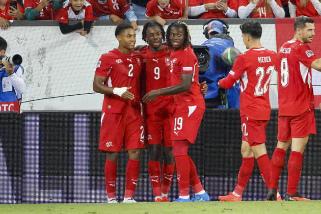 Goal celebration in Switzerland after Johan Manzambi s 2-0 goal, Switzerland, 09, joy, excitement, positive emotions, goal, Switzerland, UEFA, Nations League, Matchday 4, Switzerland vs. North Macedonia, October 6, 2026, Lucerne Swissporarena, Switzerland Copyright: xGrantxHubbsx