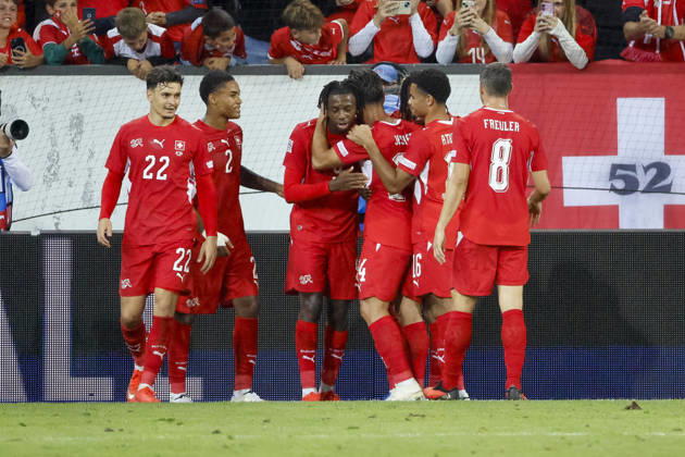 Goal celebration in Switzerland after Johan Manzambi s 2-0 goal, Switzerland, 09, joy, excitement, positive emotions, goal, Switzerland, UEFA, Nations League, Matchday 4, Switzerland vs. North Macedonia, October 6, 2026, Lucerne Swissporarena, Switzerland Copyright: xGrantxHubbsx