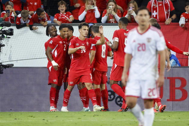 Goal celebration in Switzerland after Johan Manzambi s 2-0 goal, Switzerland, 09, joy, excitement, positive emotions, goal, Switzerland, UEFA, Nations League, Matchday 4, Switzerland vs. North Macedonia, October 6, 2026, Lucerne Swissporarena, Switzerland Copyright: xGrantxHubbsx