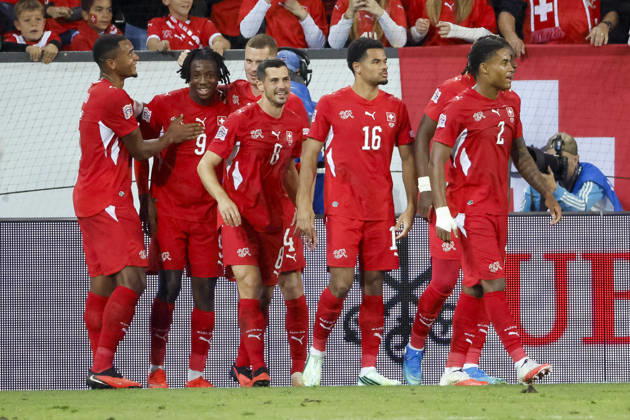 Goal celebration in Switzerland after Johan Manzambi s 2-0 goal, Switzerland, 09, joy, excitement, positive emotions, goal, Switzerland, UEFA, Nations League, Matchday 4, Switzerland vs. North Macedonia, October 6, 2026, Lucerne Swissporarena, Switzerland Copyright: xGrantxHubbsx