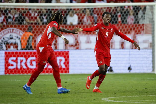 Winsley Boteli (Switzerland), 19, and Johan Manzambi (Switzerland), 09, after the 2-0 win, Switzerland, UEFA Nations League, Matchday 4, Switzerland vs. North Macedonia, October 6, 2026, Swissporarena, Lucerne, Switzerland Copyright: xGrantxHubbsx