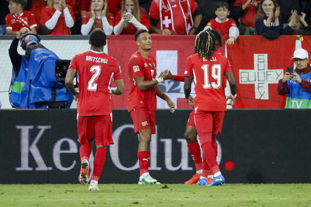 Goal celebration in Switzerland after Dan Ndoye s 3-0 goal; Switzerland, 11; joy, excitement, positive emotions, goal, Switzerland, UEFA, Nations League, Matchday 4, Switzerland vs. North Macedonia, October 6, 2026, Lucerne Swissporarena, Switzerland Copyright: xGrantxHubbsx