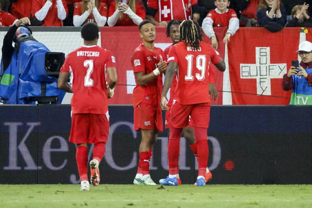 Goal celebration in Switzerland after Dan Ndoye s 3-0 goal; Switzerland, 11; joy, excitement, positive emotions, goal, Switzerland, UEFA, Nations League, Matchday 4, Switzerland vs. North Macedonia, October 6, 2026, Lucerne Swissporarena, Switzerland Copyright: xGrantxHubbsx