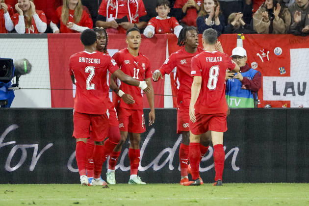 Goal celebration in Switzerland after Dan Ndoye s 3-0 goal; Switzerland, 11; joy, excitement, positive emotions, goal, Switzerland, UEFA, Nations League, Matchday 4, Switzerland vs. North Macedonia, October 6, 2026, Lucerne Swissporarena, Switzerland Copyright: xGrantxHubbsx