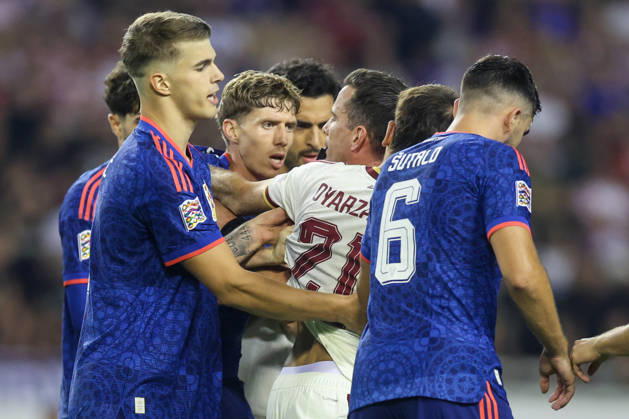 Croatia v Spain - UEFA Nations League 2026 27 Group A3 MD4 Luka Vuskovic of Croatia, Kristijan Jakic of Croatia and Mikel Oyarzabal of Spain during the UEFA Nations League 2026 27 group phase match between Croatia and Spain at Stadion Poljud on October 6, 2026 in Split, Croatia. SanjinxStrukic PIXSELL